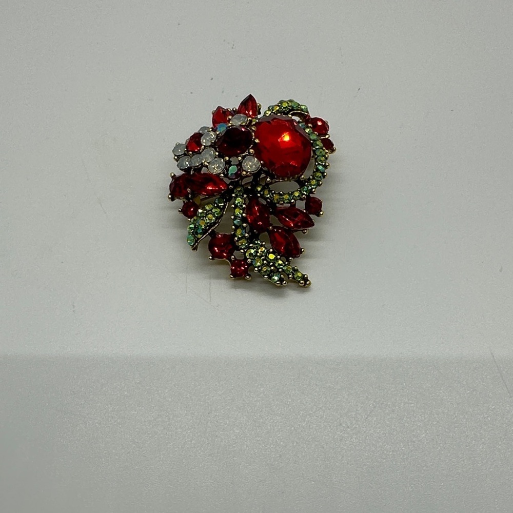Vibrant Modern Multicolor Red Green Gemstone Brooch Sparkly Costume Jewelry - Picture 5 of 6
